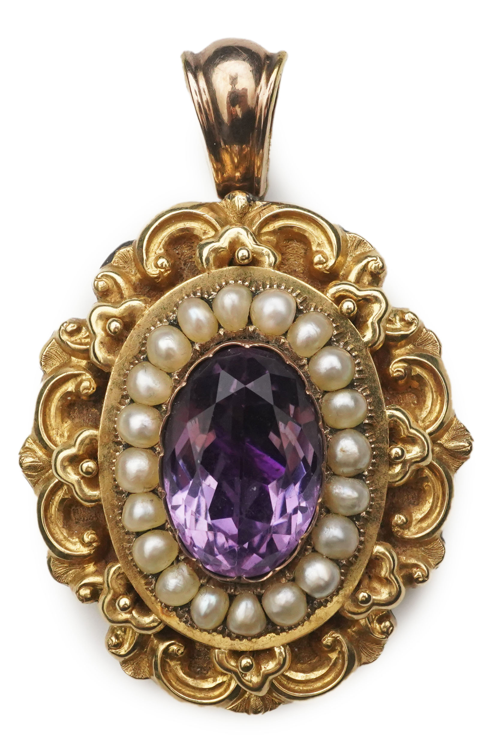 An early Victorian sentimental amethyst and half pearl pendant, circa 1843